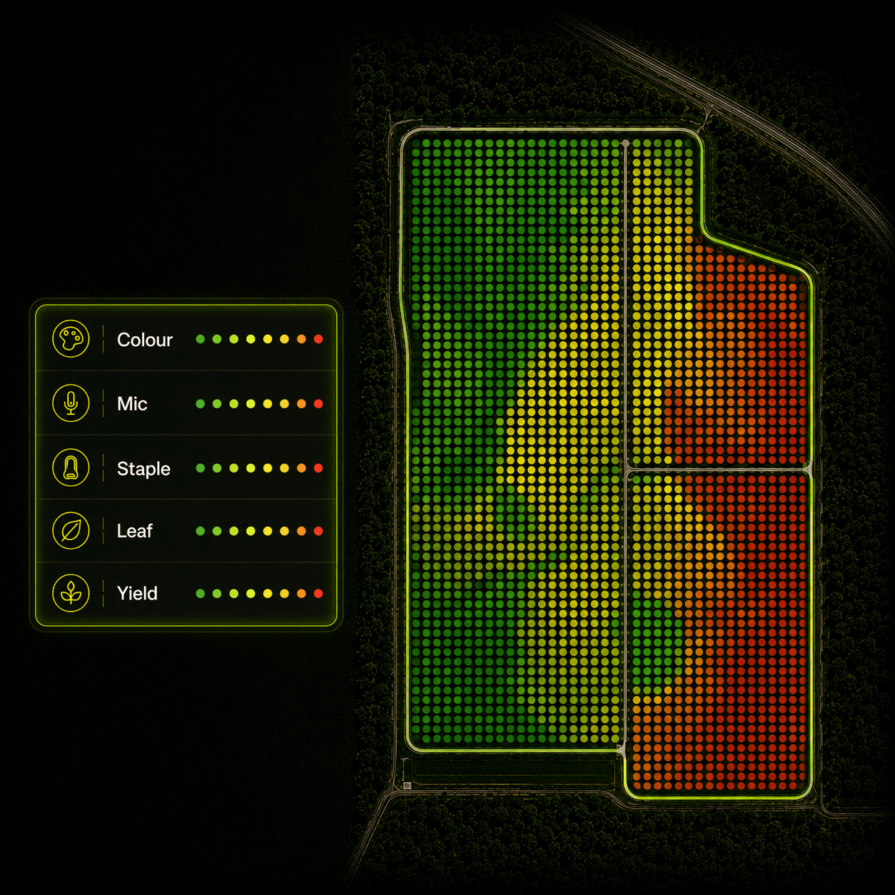 Field heatmap showing colour, mic, staple, leaf and yield mapped across a farm