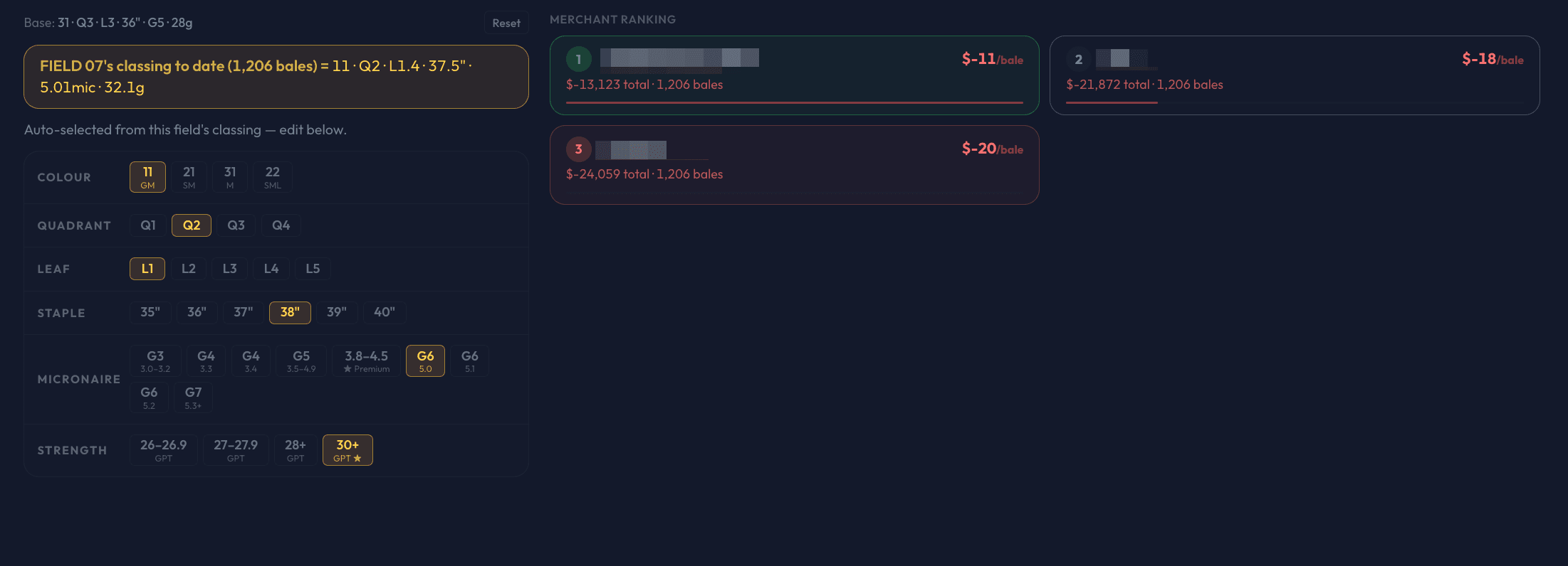 Classing detail matched against a merchant ranking, from the Cotton IQ portal
